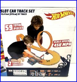 Hot Wheels Slot Car Track Set 15.4 Feet Scale Speed 450 Mph 2 Turbo Boosters New