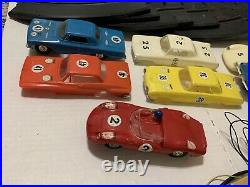 VTG 1960s Eldon 7 Slot Cars Set Track parts Controllers power pack bodies Lot