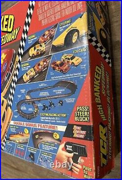 Vintage Tyco TCR High Banked Speedway Slot Car Set With Extra Cars